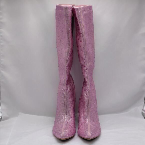 Top Moda Mariha Women's Rhinestone Knee High Boots 7 Pink Chunky Heel Retro Gogo - Picture 3 of 11